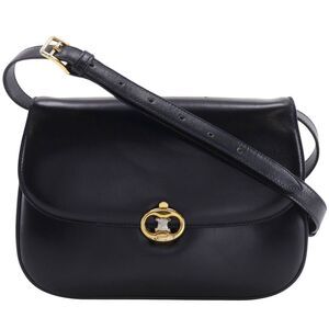 Celine Vintage Triomphe Flap Leather Black Calfskin Shoulder Bag Bag